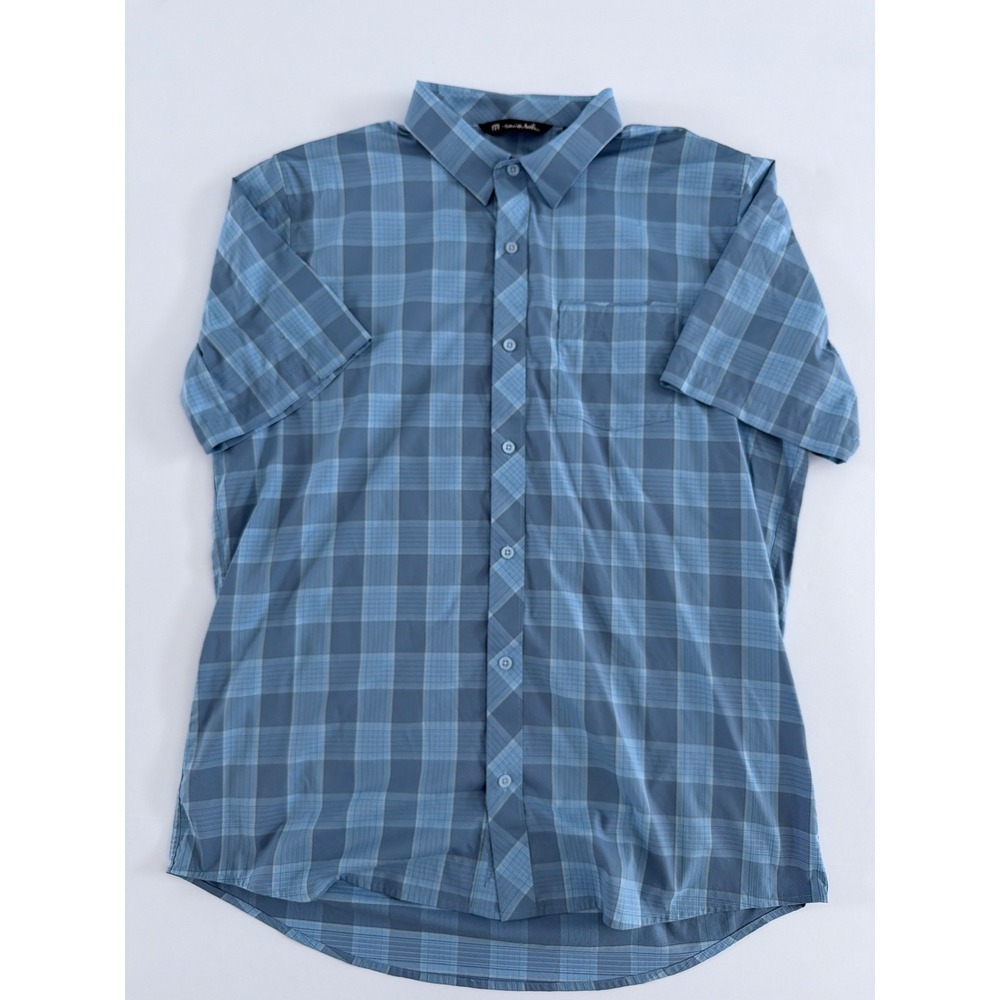 TravisMathew Mens XL Blue Plaid‎ Short Sleeve Button Down Golf Shirt Pocket